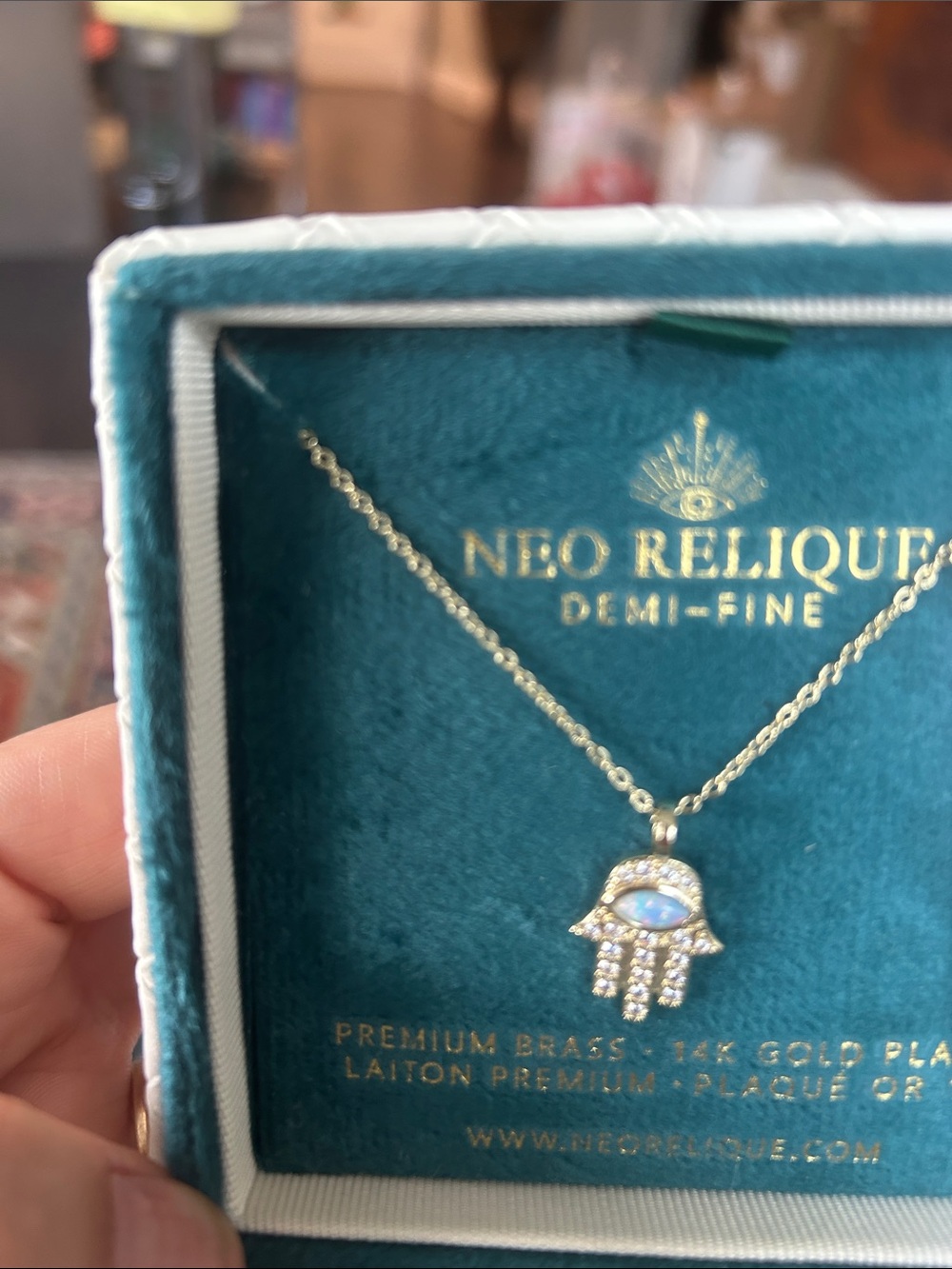 Neo Reliquae Gold Hamsa Necklace with Blue Opal Center